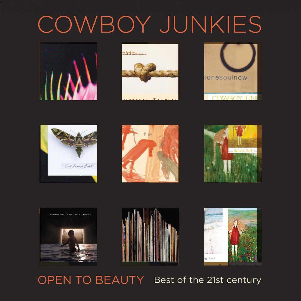 Album cover for Cowboy Junkies' 'Open to Beauty: Best of the 21st Century' with various album art images.