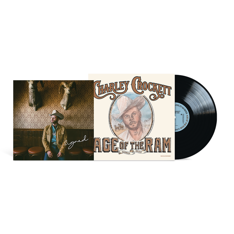 The Album cover for Age of the ram by Charley crocket featuring a hand drawn image of his face with a signed insert.