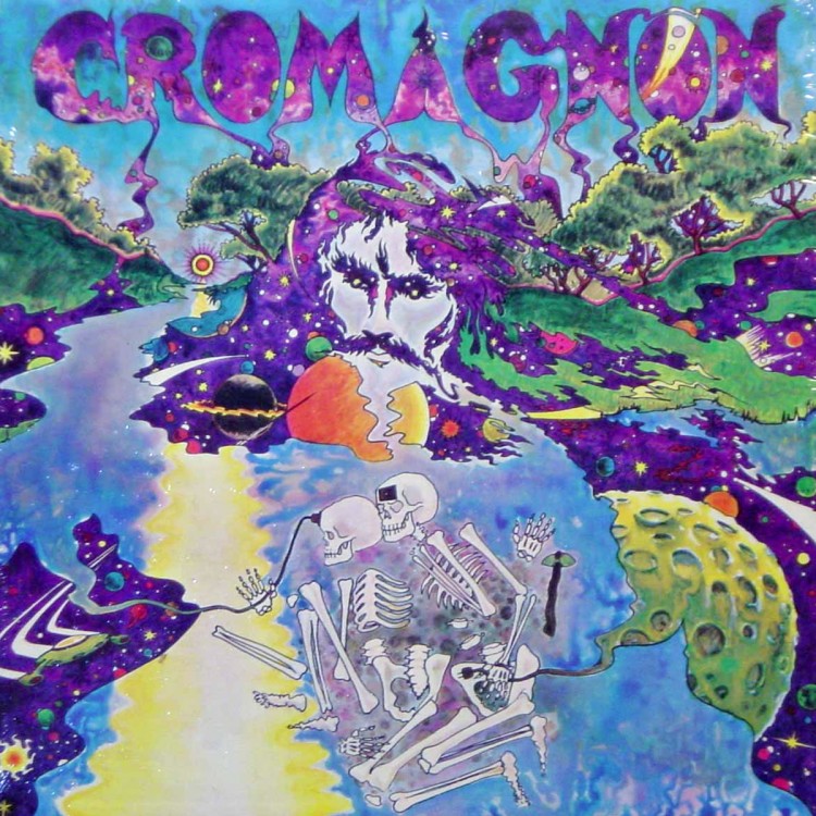 Psychedelic Cromagnon album art poster with vibrant cosmic colors, skeletal figures, and surreal landscapes