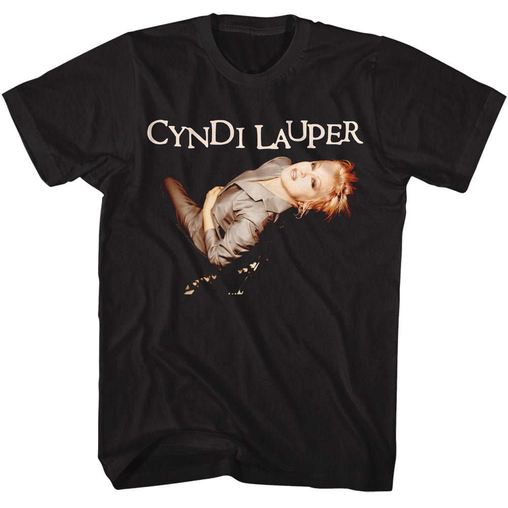 Black t-shirt featuring a large image of Cyndi Lauper and her name in bold print