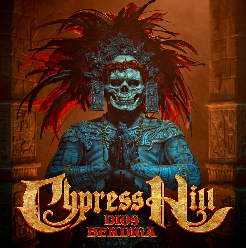 Album cover for Cypress Hill's 'Dios Bendiga' with a figure in traditional attire and feather headdress.