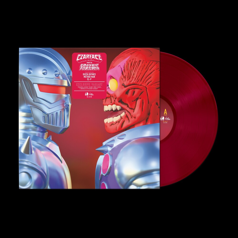 Vinyl record with robot design on a red background
