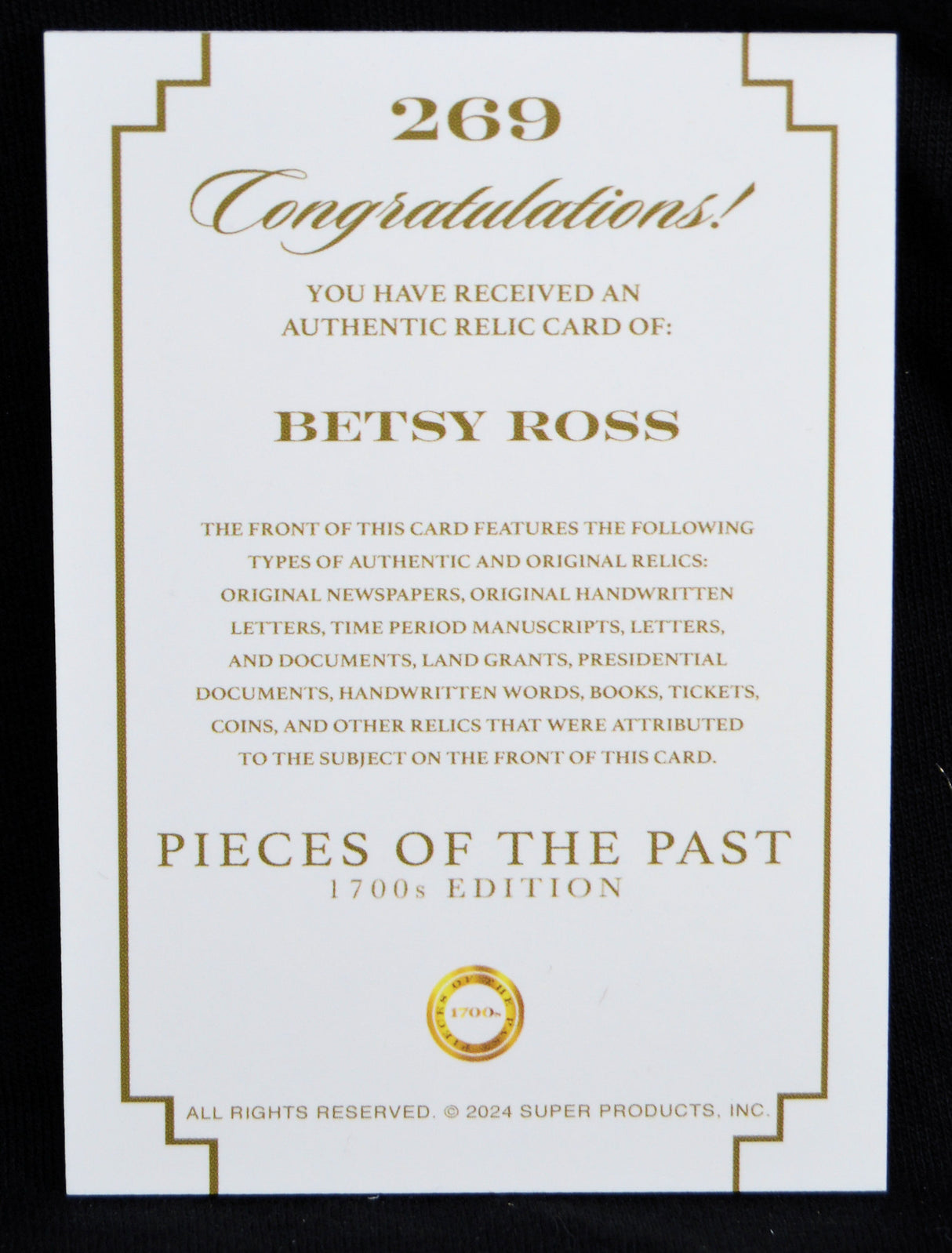 Betsy Ross - Jumbo Relic Card, Keepsake Pieces of the Past 1700s
