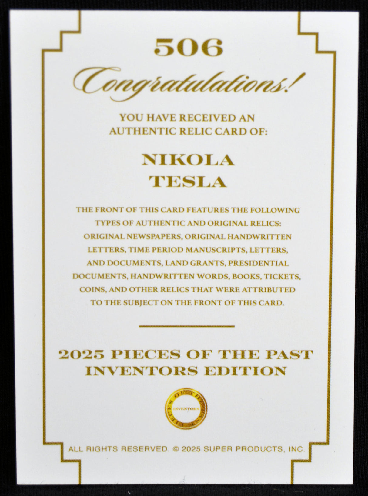 Nikola Tesla - Jumbo Relic Card, Keepsake Pieces of the Past Inventors