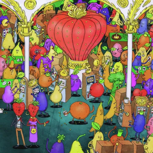 Colorful illustration of anthropomorphic fruits and vegetables in a casino setting.