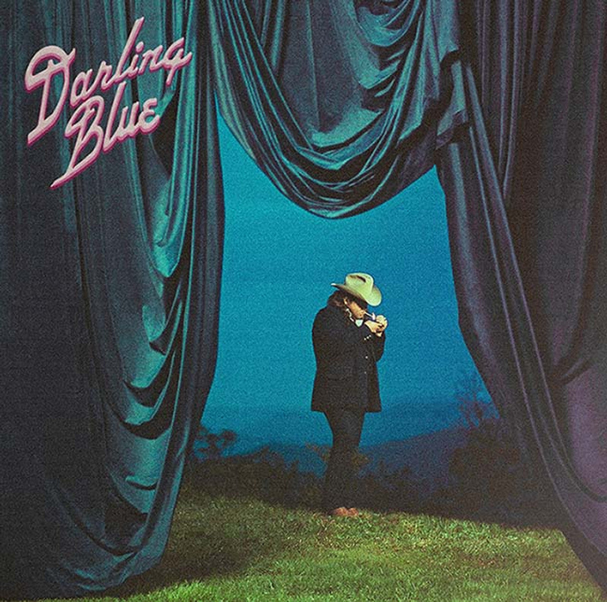 Darling Blue album cover featuring a person in a cowboy hat under dramatic blue drapes