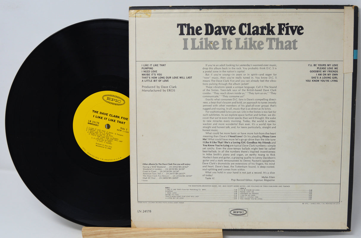 Vinyl record with cover displaying 'The Dave Clark Five I Like It Like That' on a light gray background