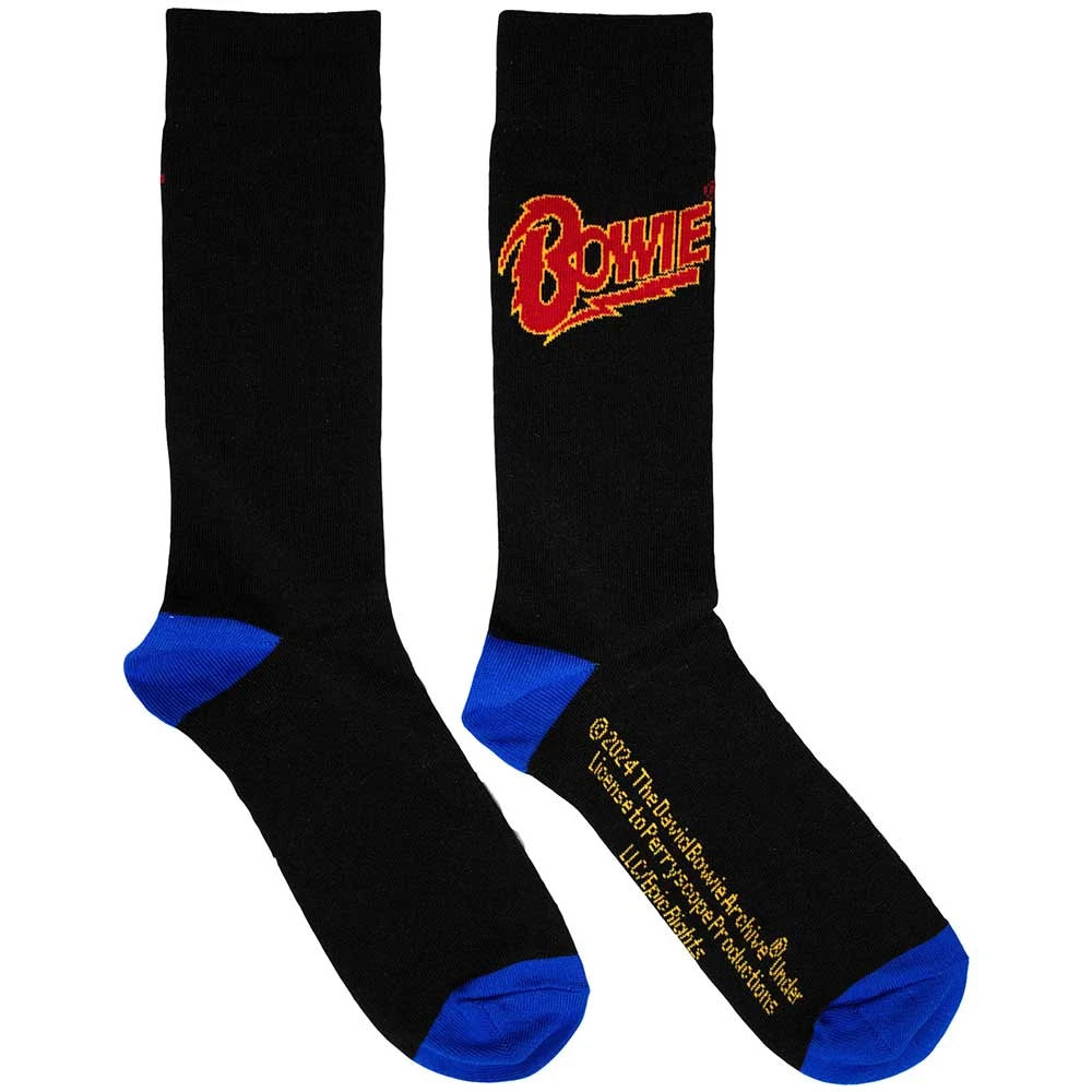 Black socks with red and yellow 'Bowie' logo and blue toes and cuffs on a white background