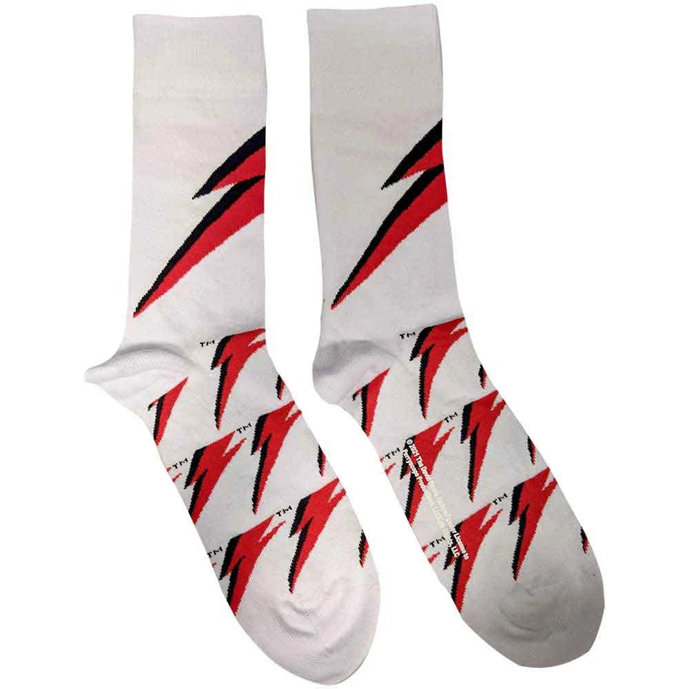 White socks with red and black lightning bolt pattern on a white background