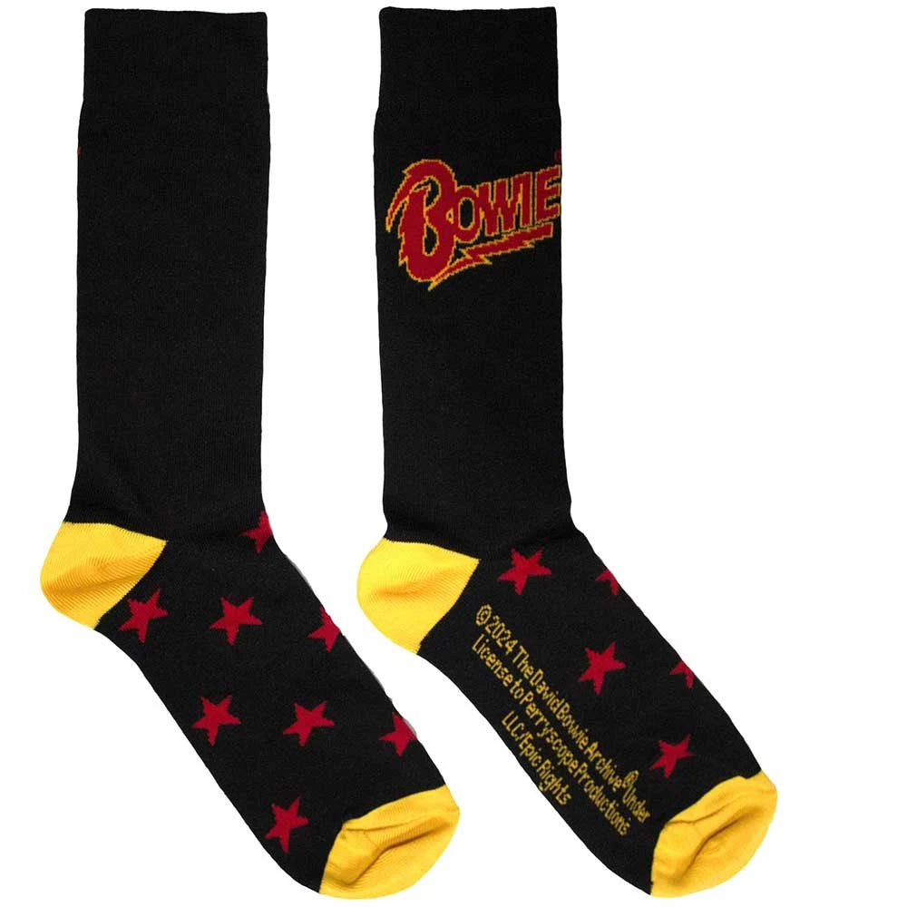 Black socks with red stars and yellow accents, featuring a 'Bowie' logo on a white background