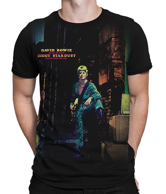 Black t-shirt with David Bowie Ziggy Stardust design on a white background
