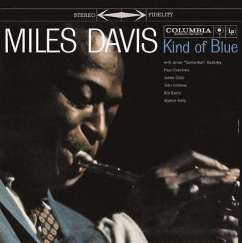 Miles Davis album cover for 'Kind of Blue' featuring an image of Miles Davis playing a trumpet.