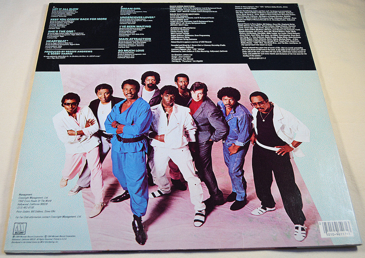 Back cover of Dazz Band Jukebox album featuring band members and song listings