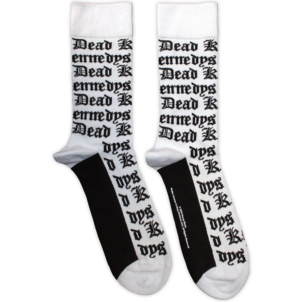 White socks with black 'Dead Kennedys' text on a white background