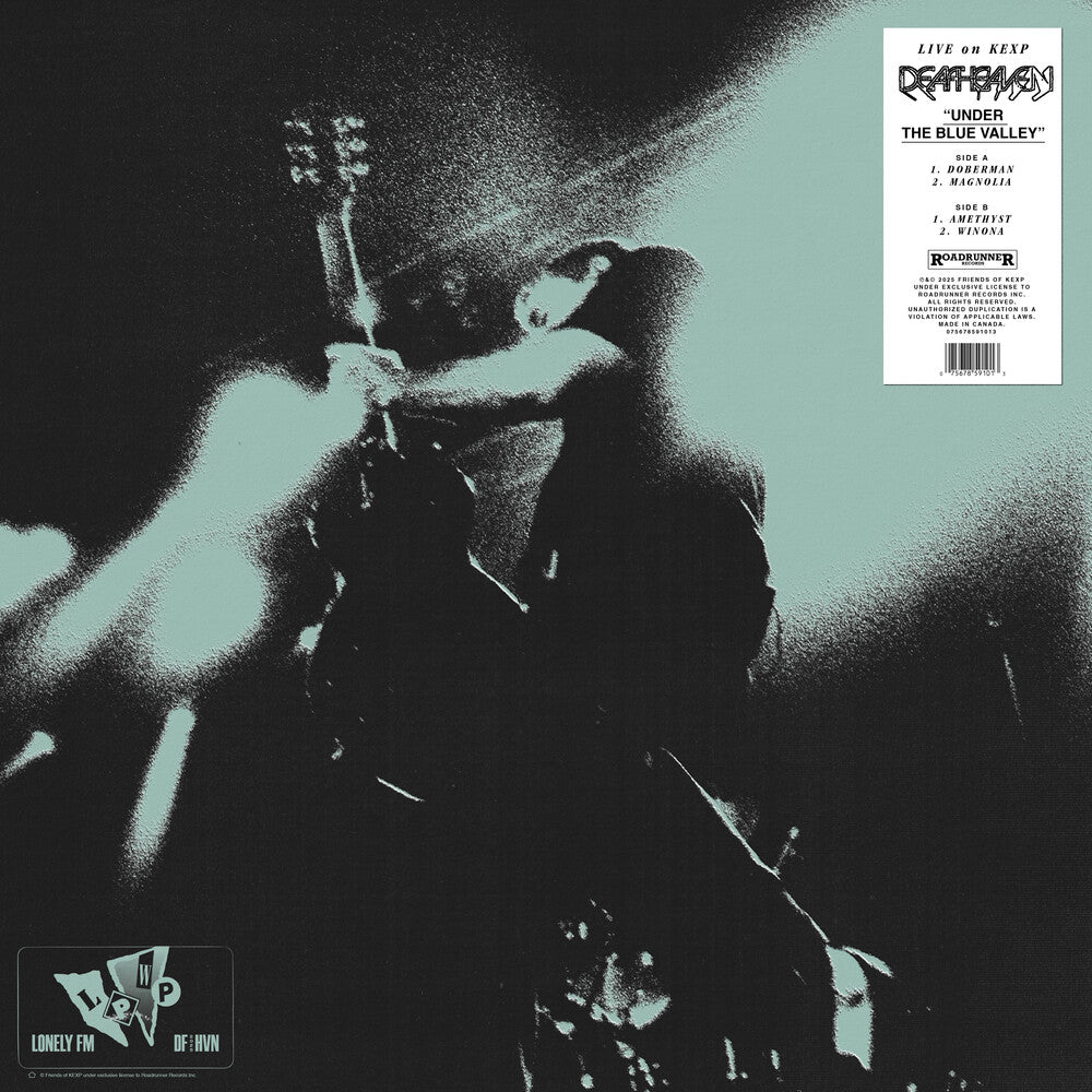 Vinyl record cover with a person playing guitar, text, and logos on a black and white design.