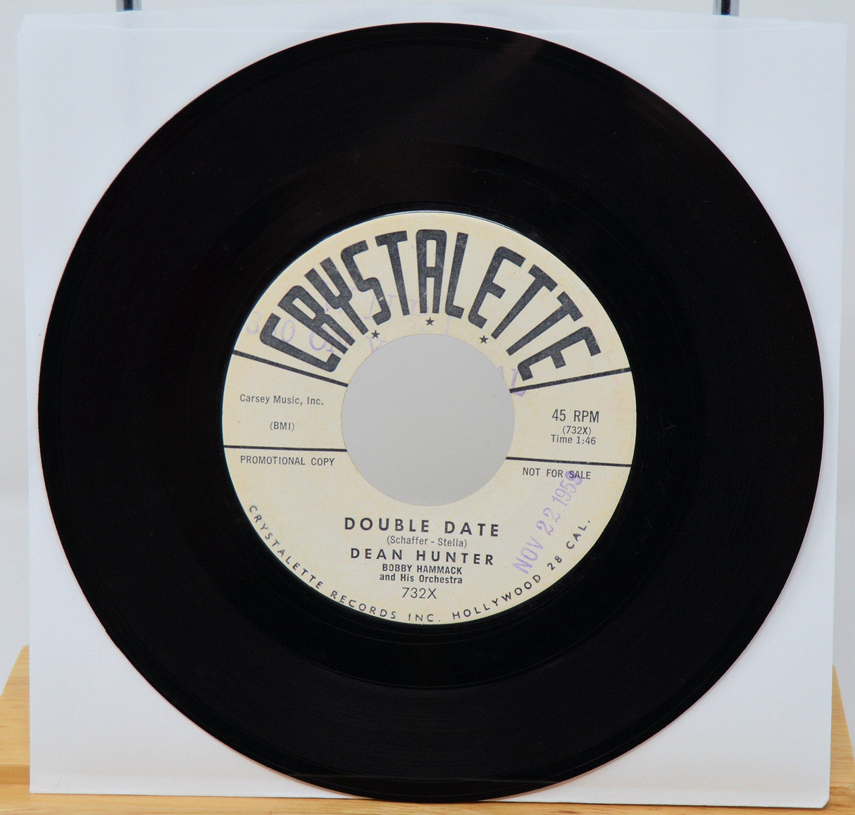 Crystalette Records 45 RPM vinyl of Double Date by Dean Hunter with Bobby Hammack Orchestra