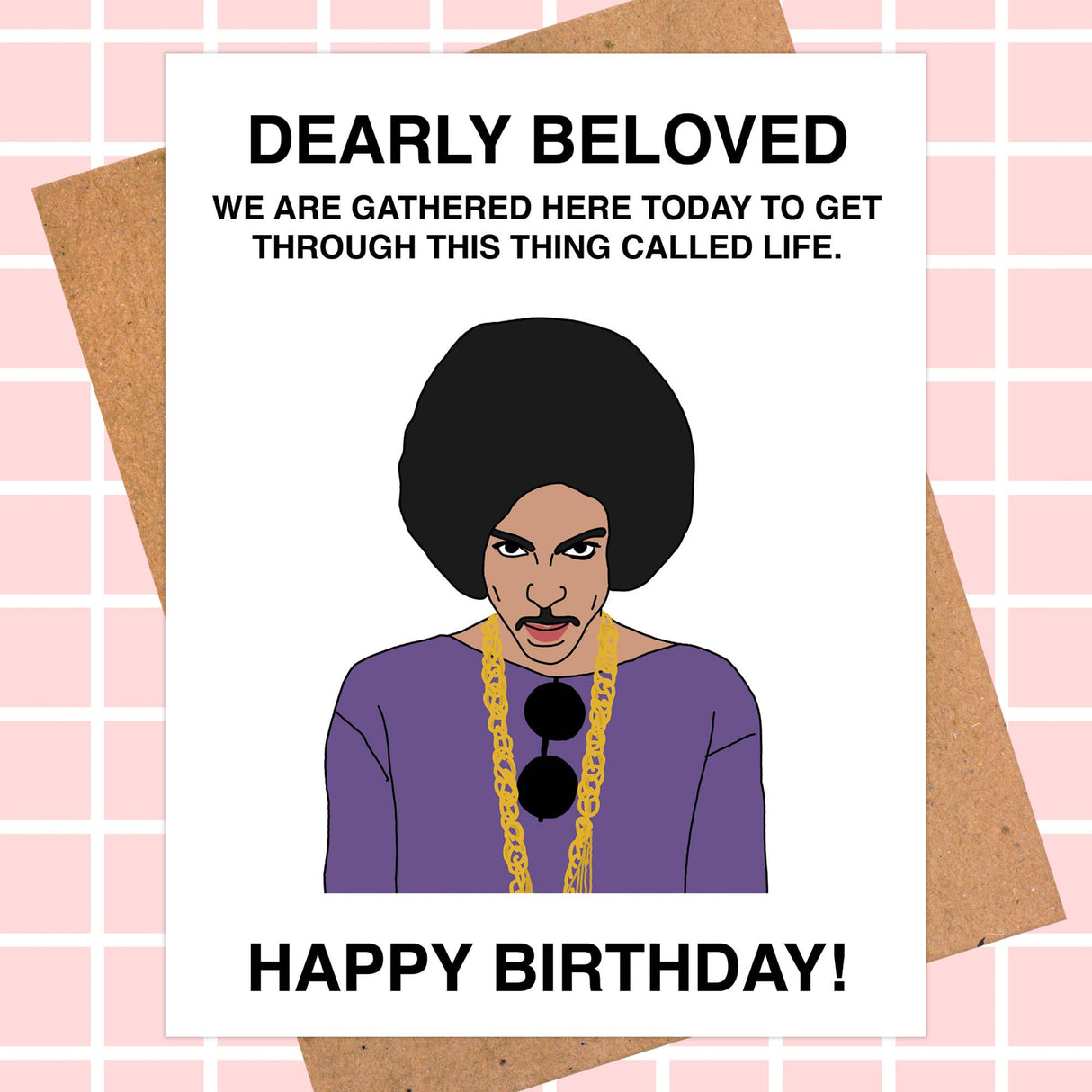 Birthday card with cartoon illustration of a stylish man in purple, gold chains, and bold 'Dearly Beloved' message