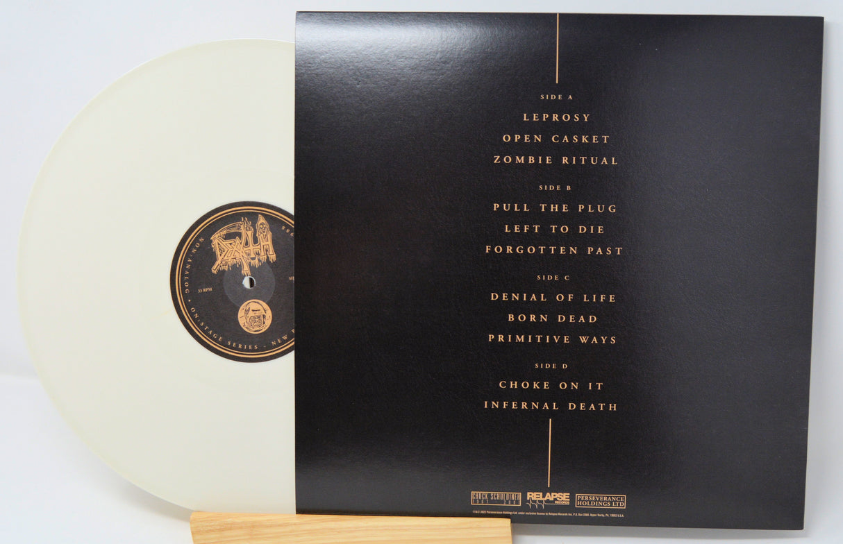 Back cover and white vinyl of Death Non:Analog On:Stage Series LP showing tracklist