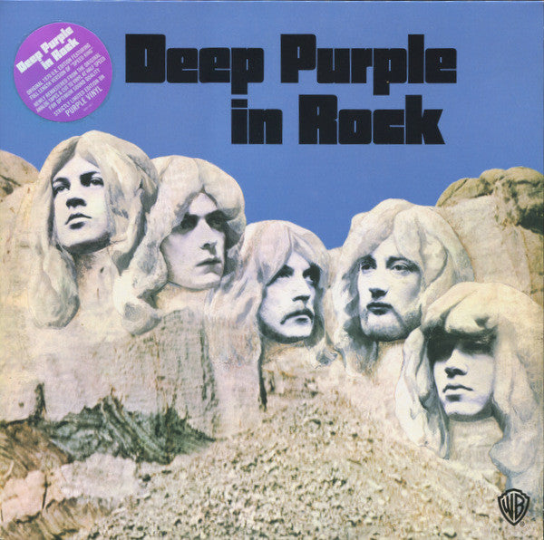 Deep Purple in Rock vinyl album cover featuring the band members sculpted into a desert rock formation under a blue sky, with a purple 'Deep Purple Live in London' sticker in the top left.