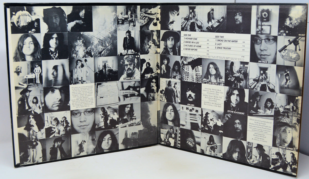 A black-and-white collage album book or photo album displayed open, filled with numerous small black-and-white portrait photographs, handwritten notes, and printed text panels.