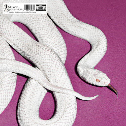 Close-up of Deftones White Pony album cover featuring a coiled white snake on a purple background