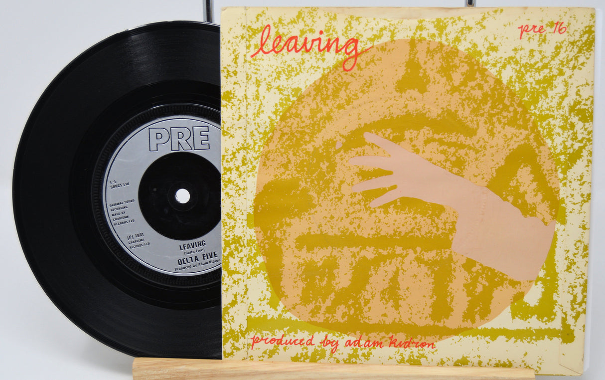 Vinyl record and cover with a hand reaching towards a face on a yellow background