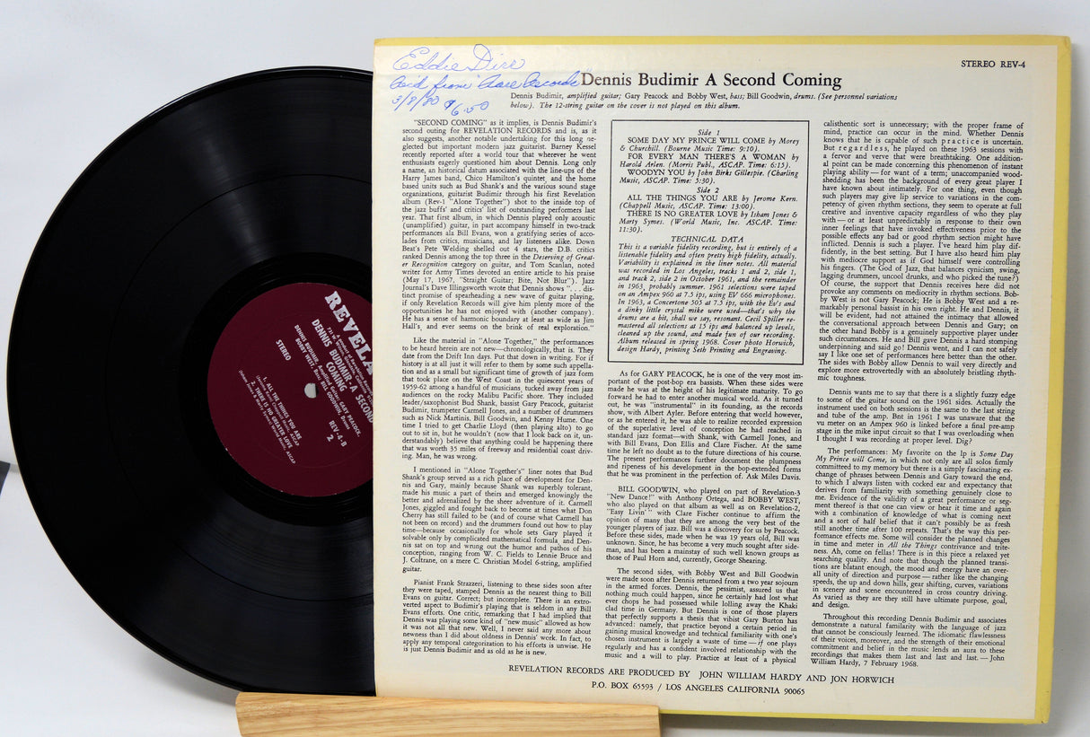 Back cover and record of Dennis Budimir's 'A Second Coming' vintage jazz vinyl LP, Revelation Records