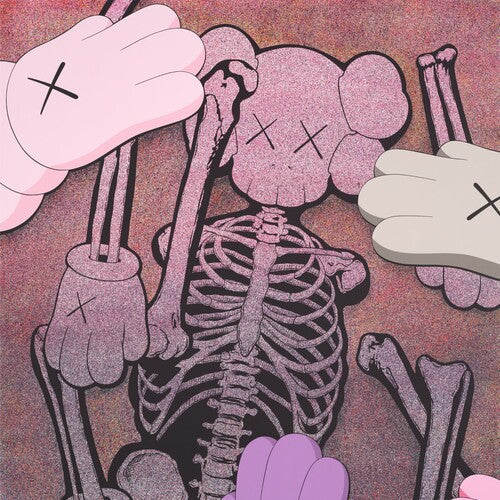 Close-up of KAWS Skeleton Companion art with colorful cartoon-style hands