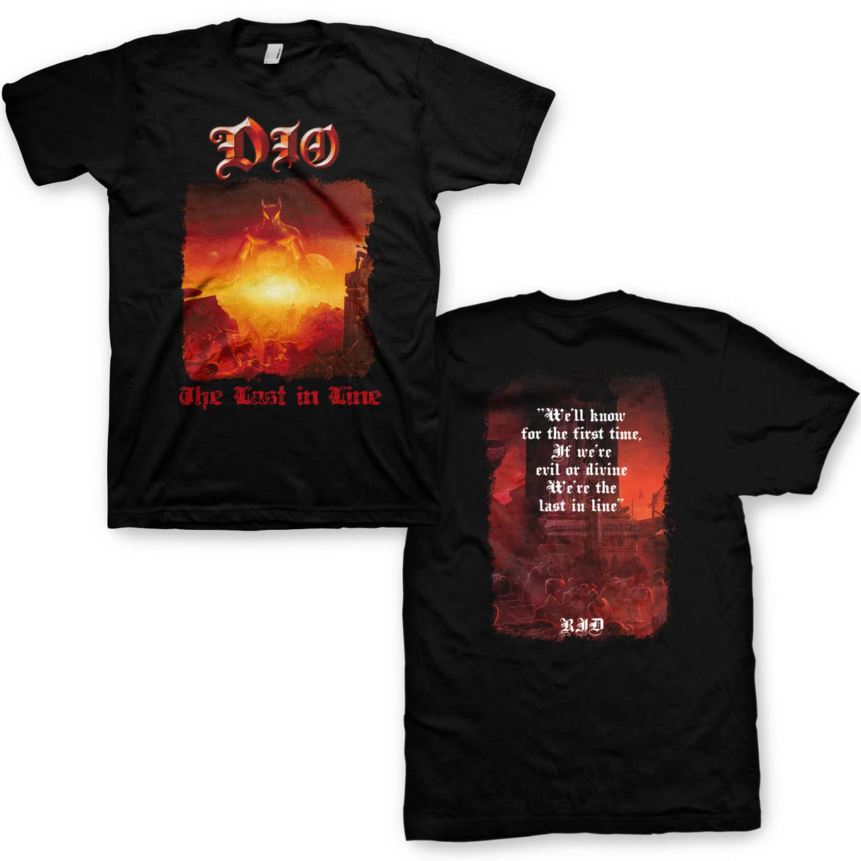 Black Dio The Last in Line t-shirt featuring fiery album artwork and bold lyrics on front and back