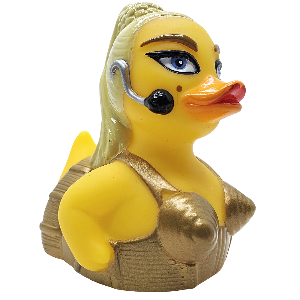 Diva themed rubber duck with microphone and gold stage costume