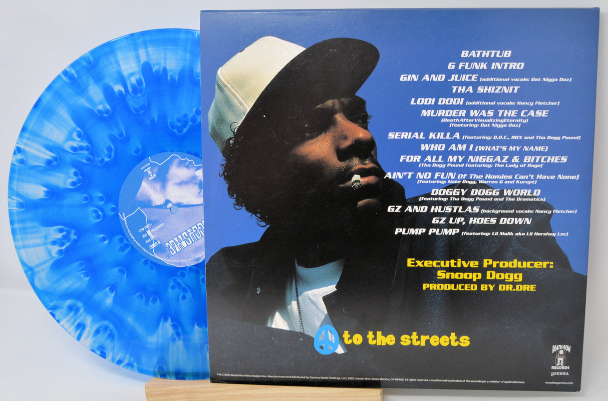 Back cover and tracklist of Snoop Doggy Dogg's Doggystyle album with blue marbled vinyl record