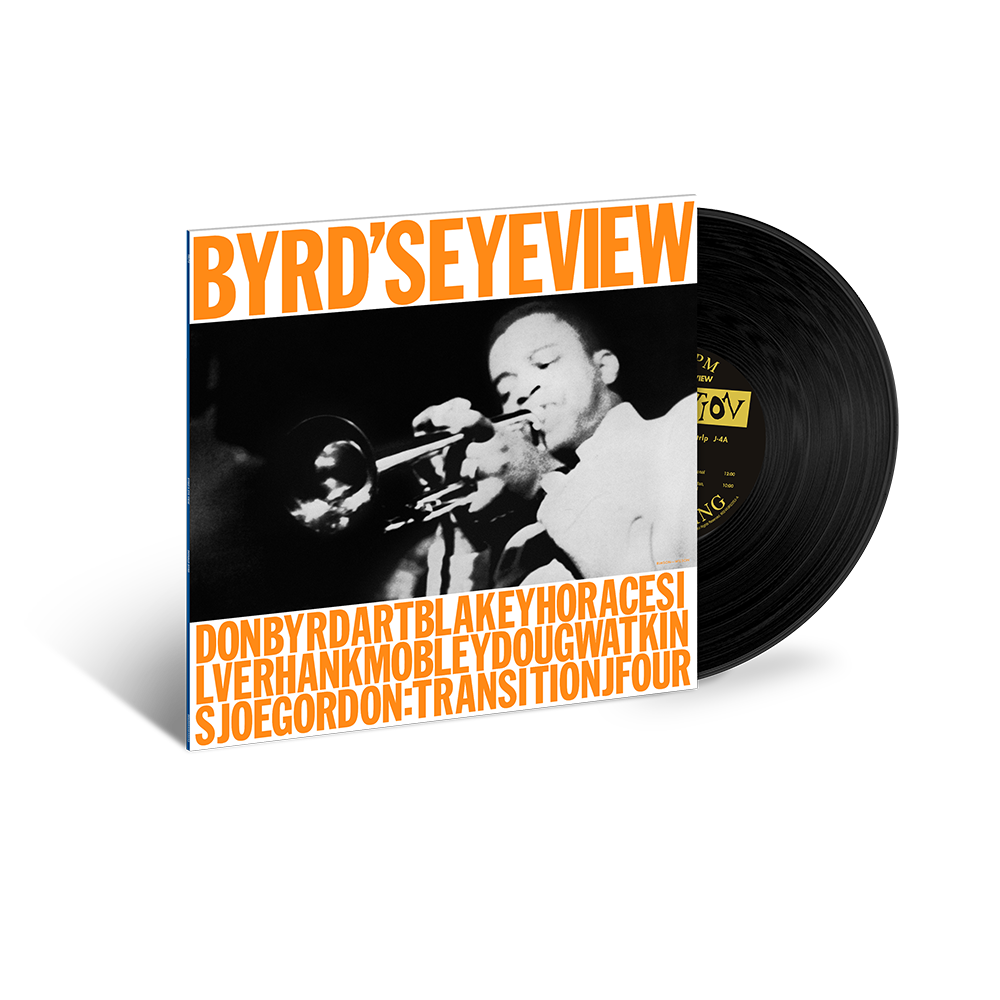 Vinyl record with cover featuring a musician playing trumpet and text 'Byrd's Eye View' on a black background.