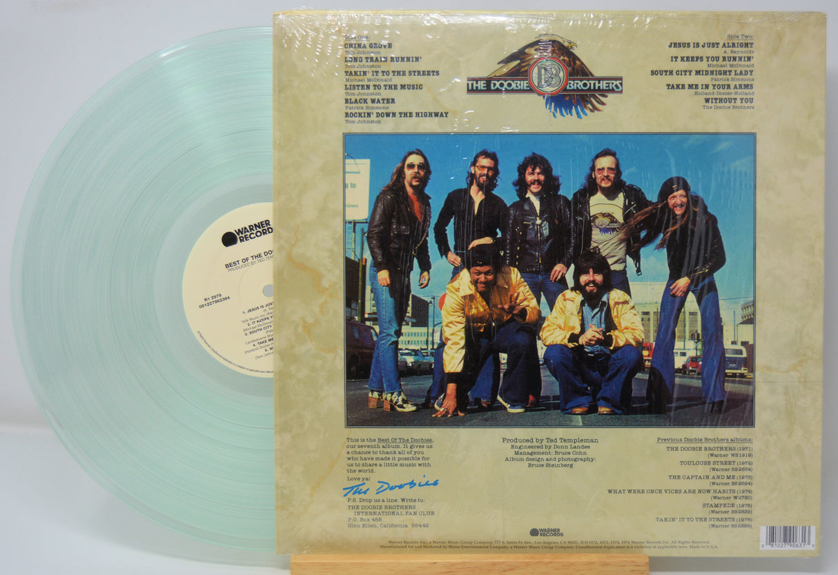 Vinyl record by the Doobie Brothers titled 'Best Of' with a cover featuring the band and song listing and credits in text.