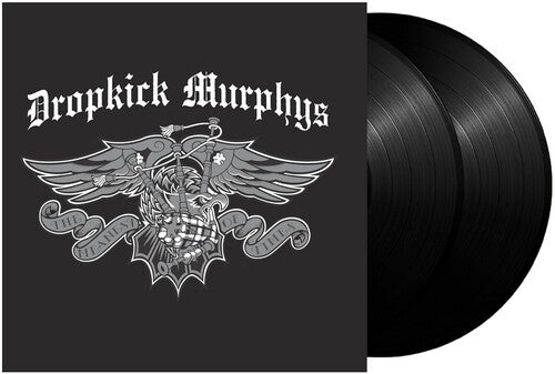Dropkick Murphys double vinyl record album with the black sleeve featuring a white gothic logo and winged skull graphic, next to two black vinyl records.