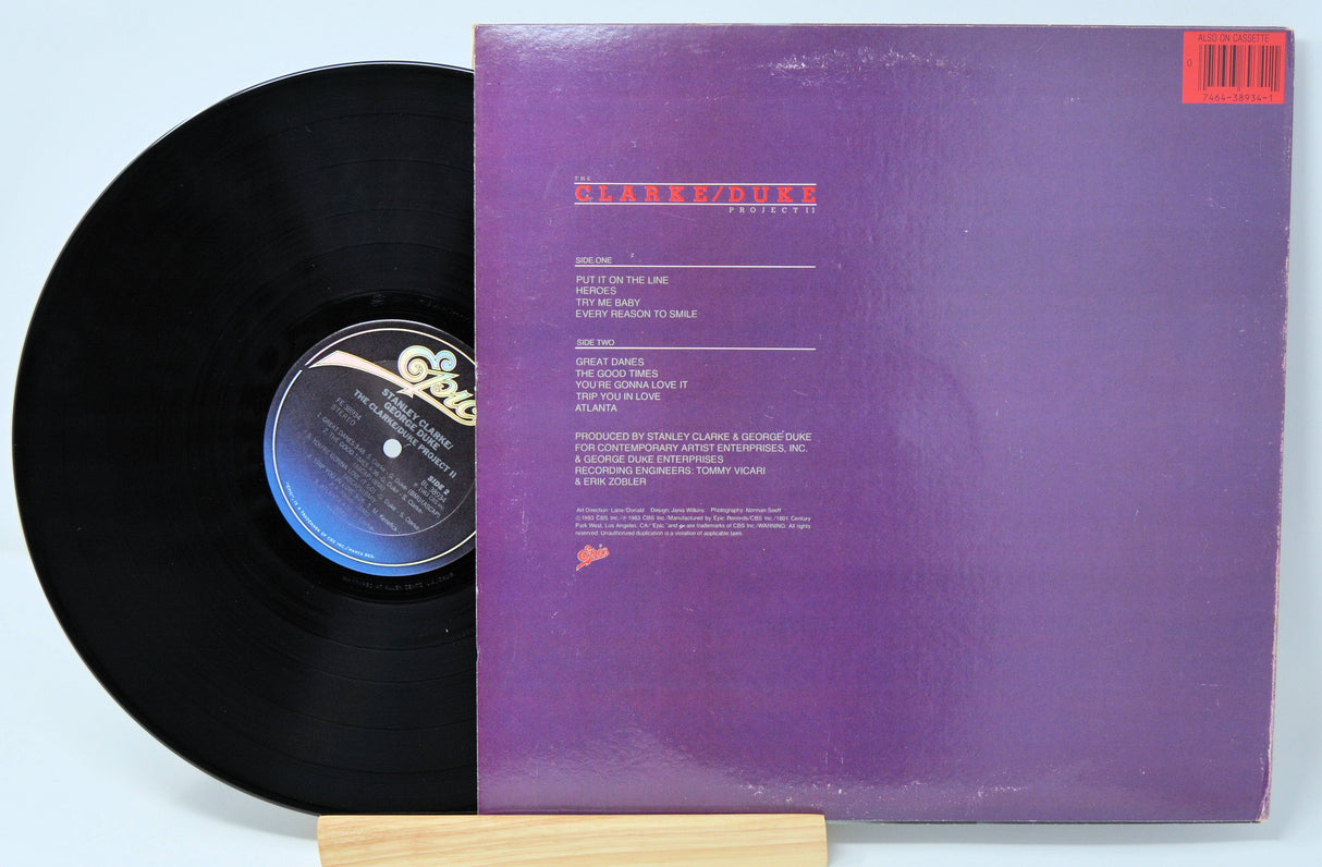 Back cover and vinyl record of Clarke/Duke Project II album with song list and credits