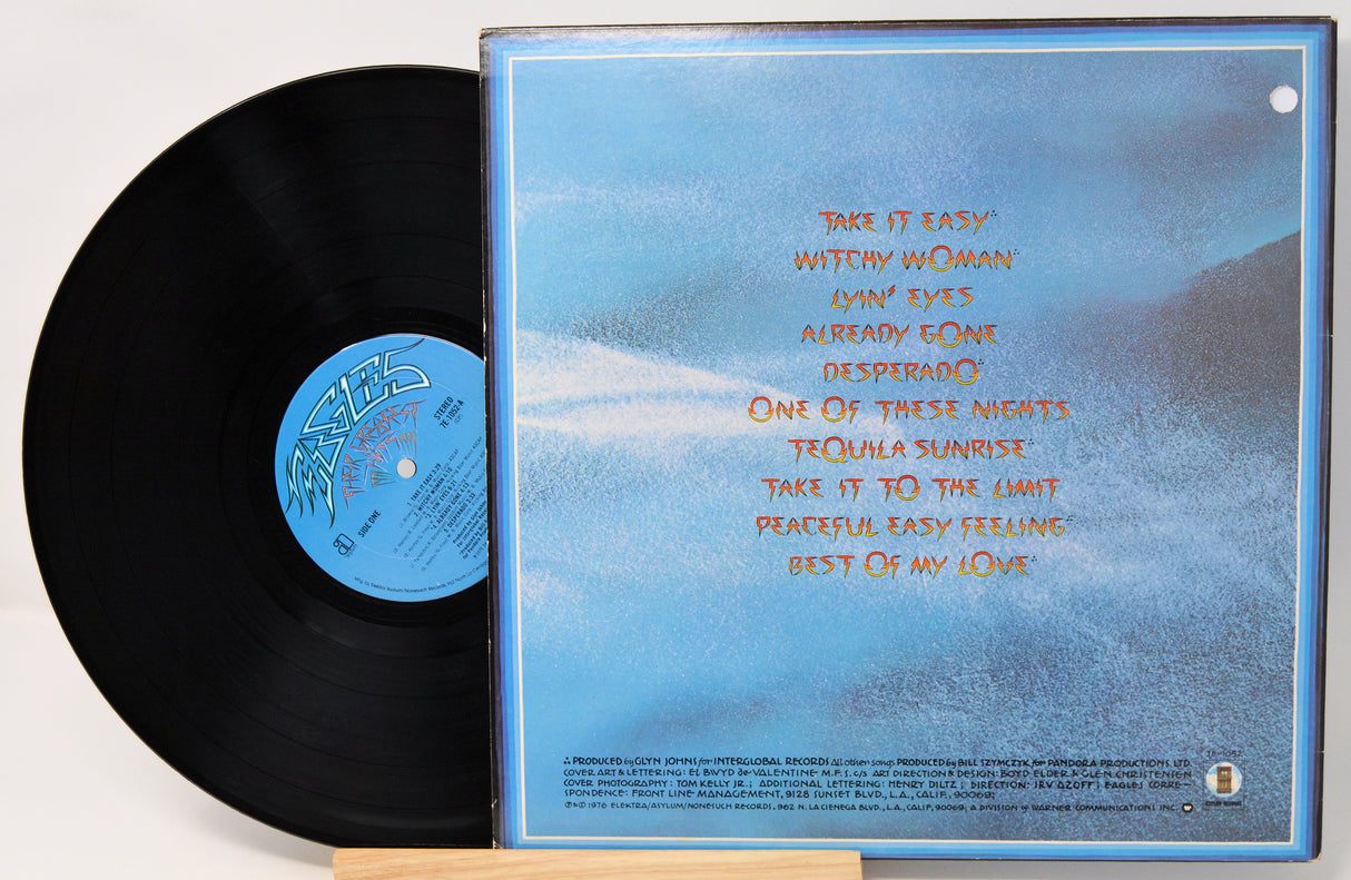 Vinyl record with blue label and cover featuring text