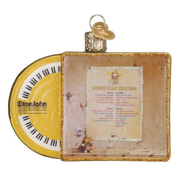 Back view of Elton John 'Goodbye Yellow Brick Road' ornament displaying tracklist and yellow record