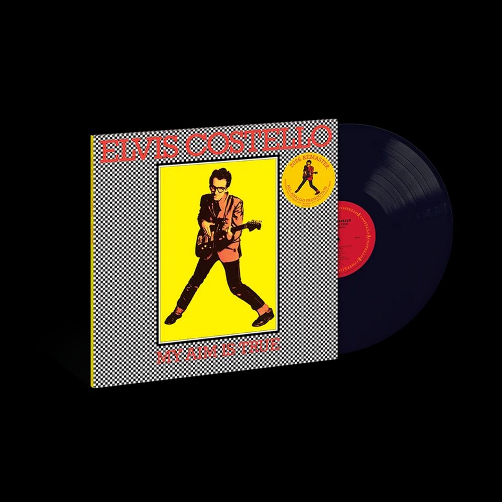 A vinyl record partially pulled from its sleeve, shown on a black background. The sleeve features a graphic illustration of a guitarist on a bright yellow background with a gray-and-white halftone pattern border and red text reading 'ELK ARROWHEAD'.