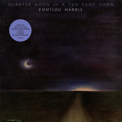 Album cover with a stylized moon and road leading into the distance, featuring text about Emmylou Harris' music.