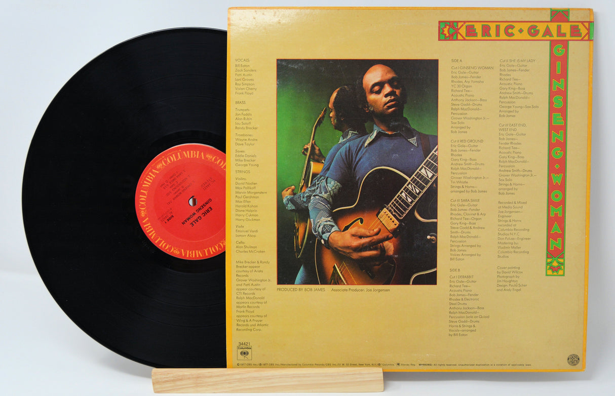 Back cover of Eric Gale's Ginseng Woman vinyl record with tracklist and portrait