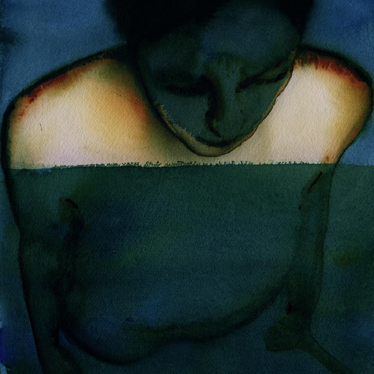 Watercolor painting of a person partially submerged in water, with expressive lighting on the shoulders