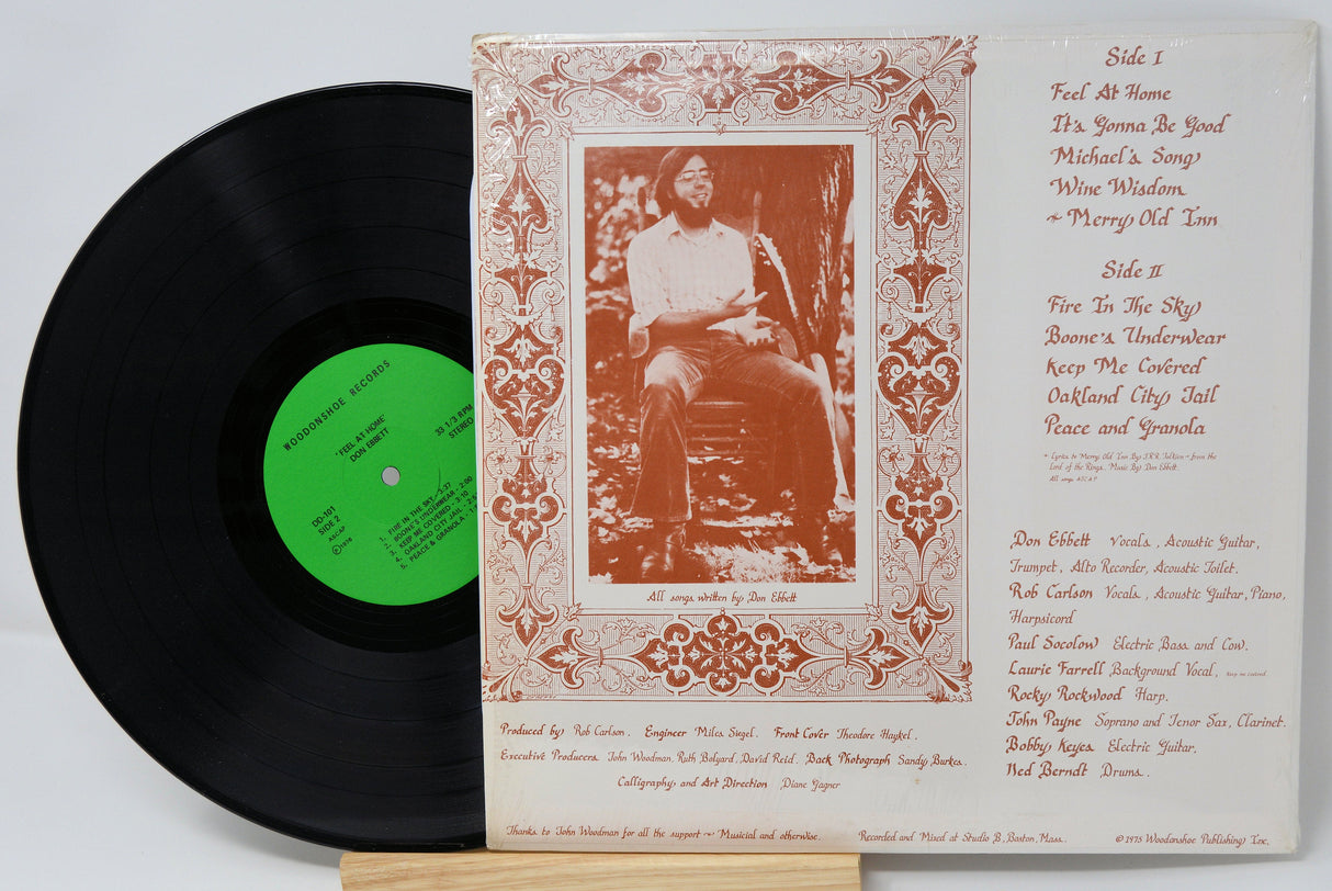 Back cover of Don Ebbett's Feel At Home LP with track list and sepia portrait