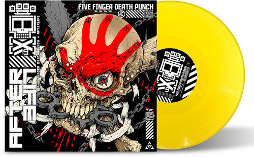 Vinyl record with a skull design and yellow disc, featuring the band 'Five Finger Death Punch'.