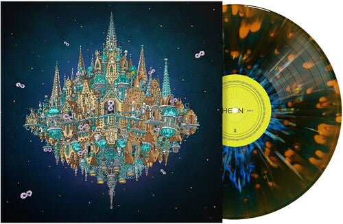 Fantasy city floating in space on record cover with a colorful splatter vinyl partially displayed