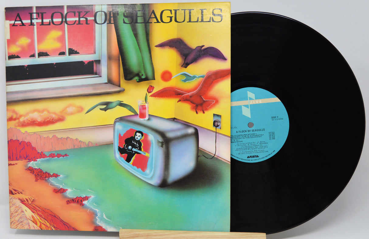 Vinyl record with colorful cover featuring a television and seagulls, on a light gray background.