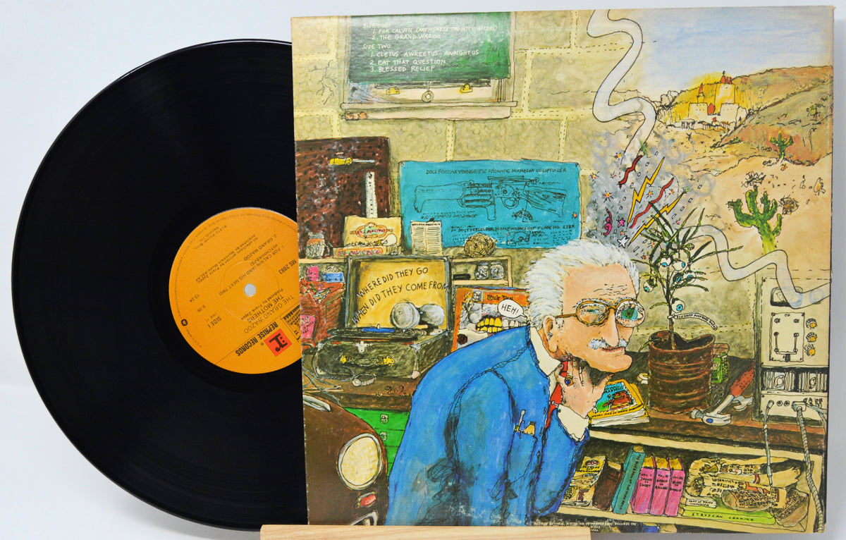 A vinyl record partially pulled from its illustrated album cover, showing a black record with a yellow label next to a square cover painting of an elderly man in a cluttered room.