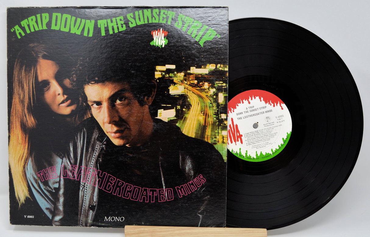 Front cover of 'A Trip Down The Sunset Strip' by The Leathercoated Minds vinyl album with vibrant retro artwork