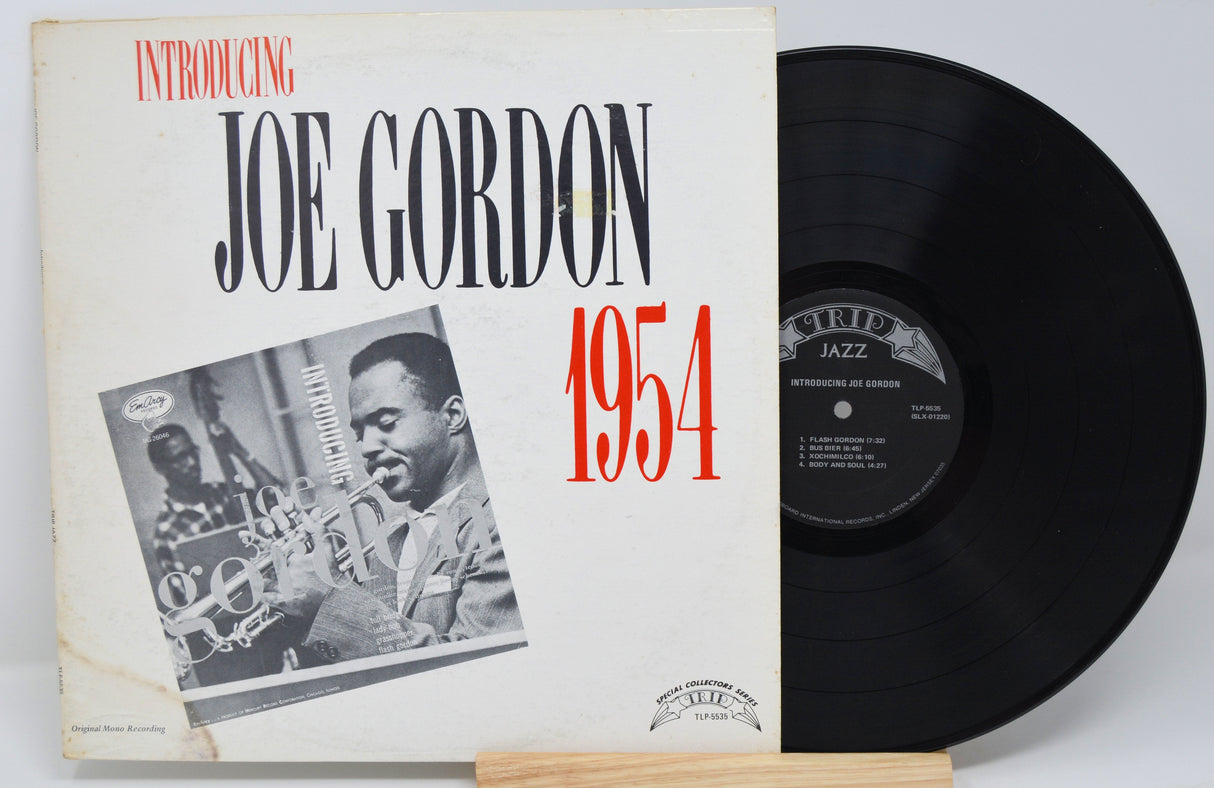 Front cover and vinyl record of 'Introducing Joe Gordon 1954' showing Joe Gordon's portrait and album title