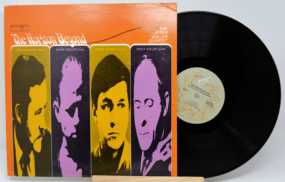 Front cover of 'The Horizon Beyond' Attila Zoller Quartet vinyl record with striking band portraits and open LP