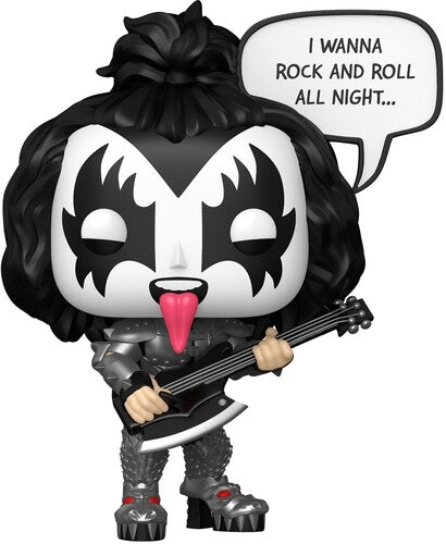 Funko Pop! figure inspired by a rock and roll icon wearing bold makeup, holding a guitar with a speech bubble saying 'I WANNA ROCK AND ROLL ALL NIGHT...'